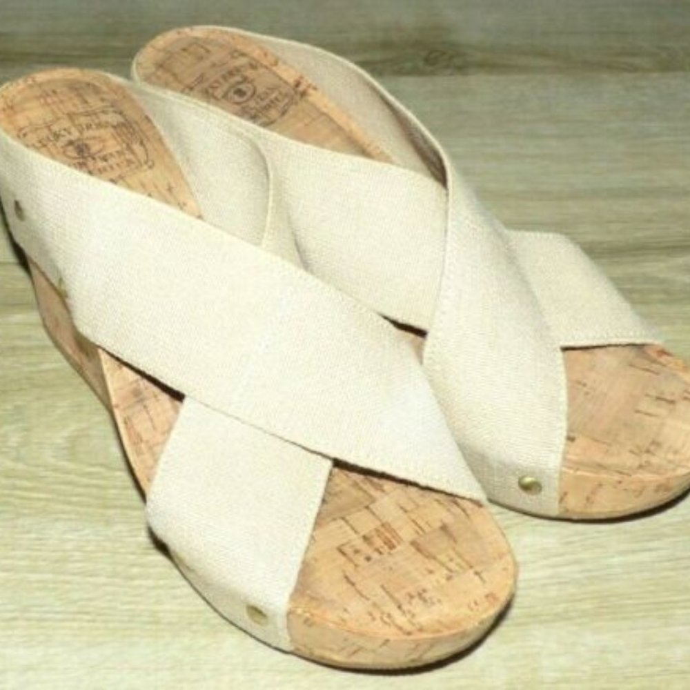 Lucky Brand Miller Tan Nailhead Cork Wedge Sandals